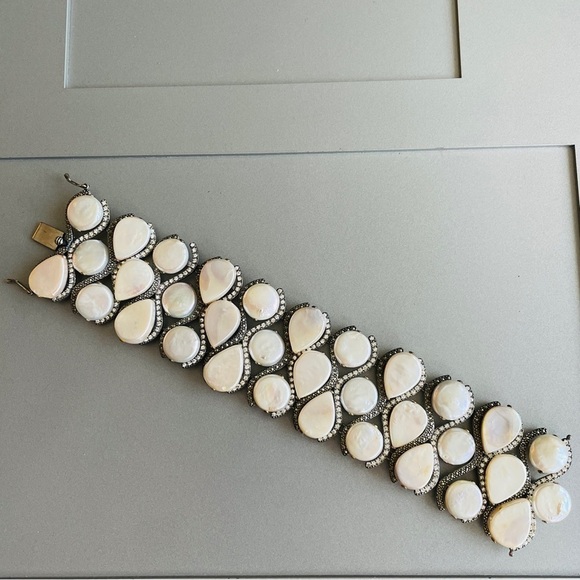 JUDITH JACK 3 ROW WIDE PANEL PEARL, MARCASITE, CZ STERLING SILVER BRACEL… - Picture 9 of 12